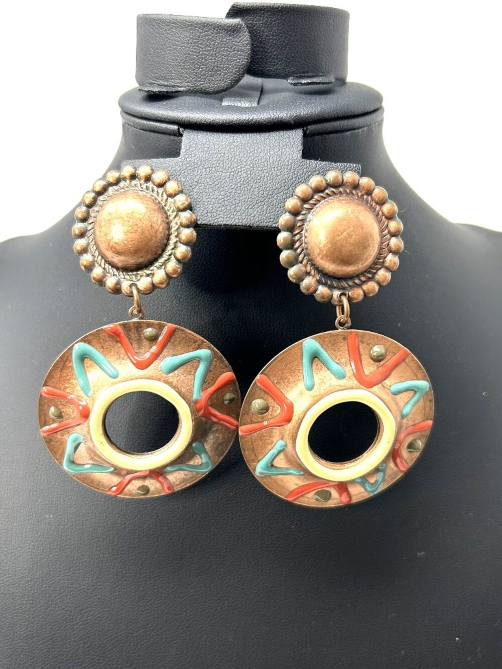 African Ethnic Woman’s Dangle Earrings Copper & Enamel Post Back 17.7gr